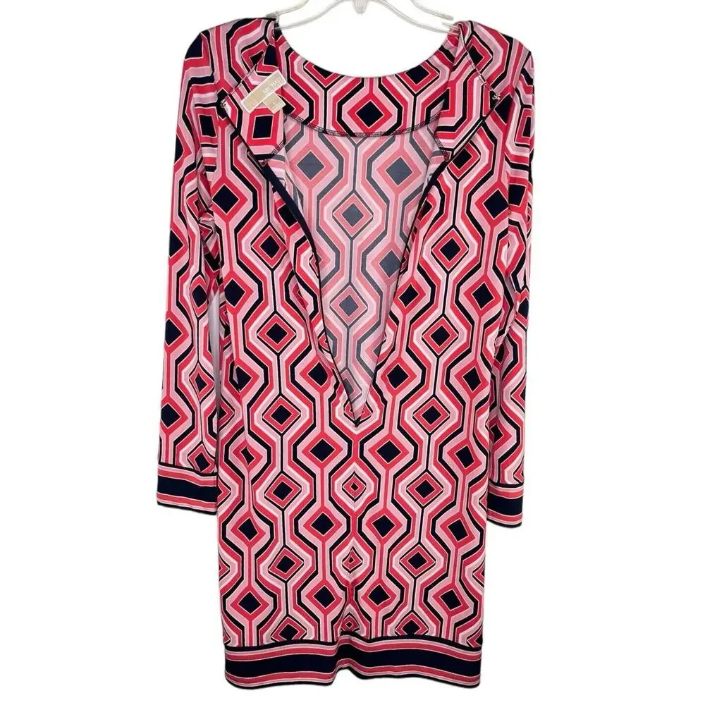 Michael Kors Coral Pink White Navy Geometric Print Sheath Long Sl Dress EUC SZ S